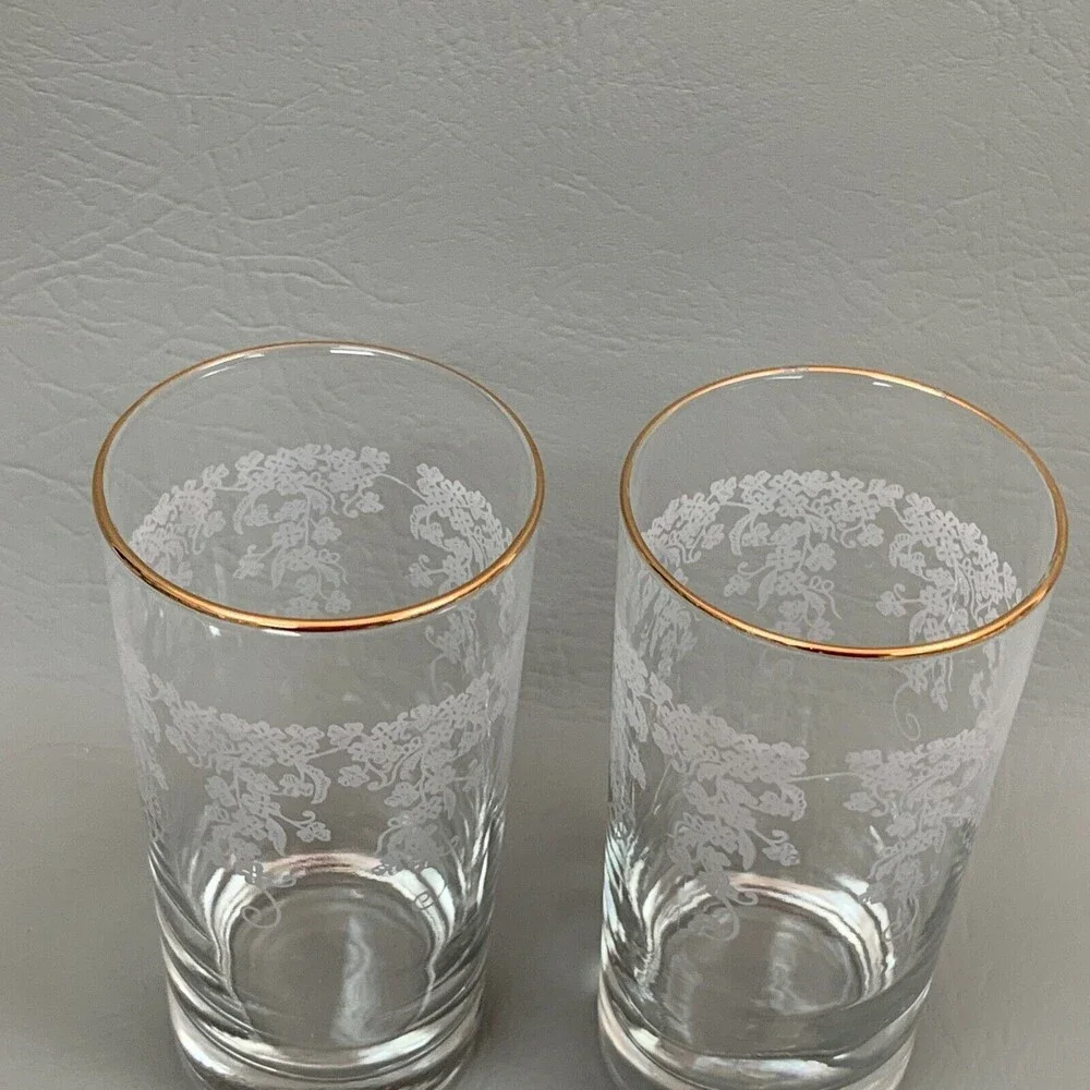 Highball Clear Glasses White‎ Flowers Floral Gold Trim Lot of 2